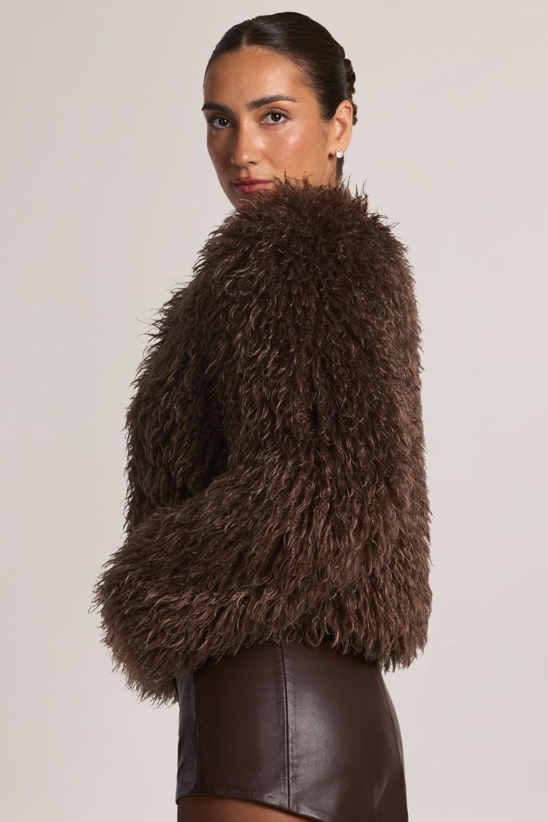 Mongolian Fur Jacket in Chocolate Brown - 4