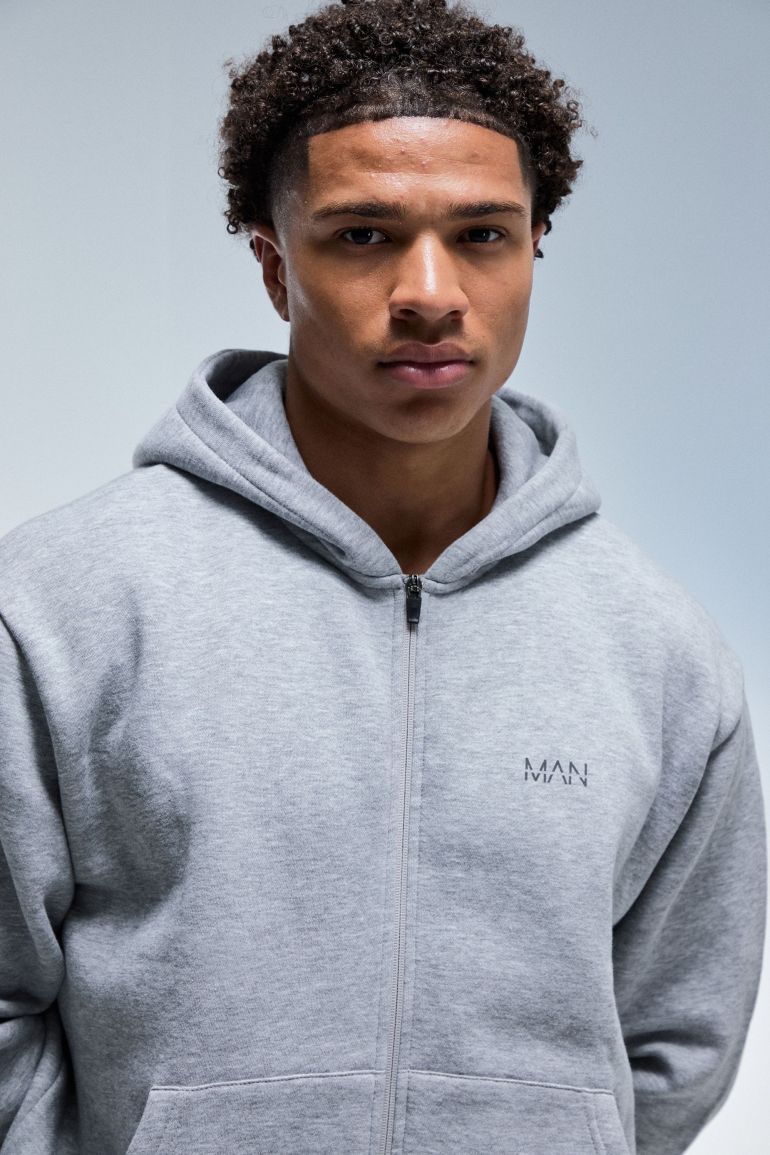 Man Active Boxy Zip Through Hoodie - grey marl - 2