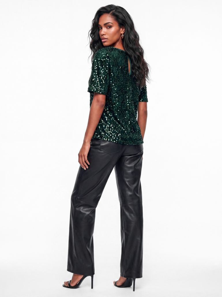 Lovedrobe Emerald Embellished Velvet Short Sleeve Boxy Top - 1