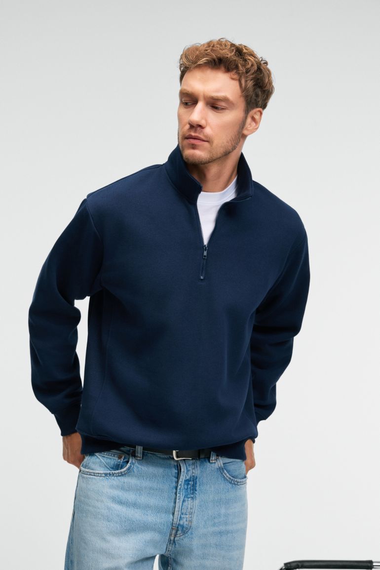 GRIMELANGE BAXTER Men's Stand Collar Zippered Relaxed Navy Sweatshirt - 1