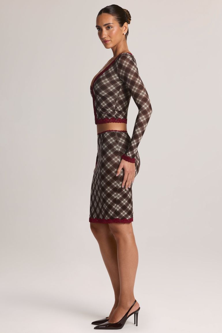 Lace-Trim Low-Rise Midi Skirt in Diagonal Check Print - 3