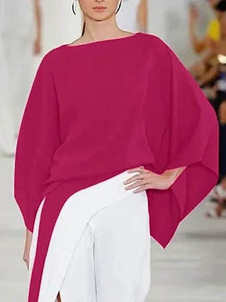 Batwing Sleeves Loose Solid Color Split-Joint Round-Neck Blouses - 1