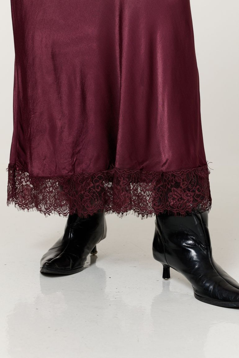 Burgundy Satin Lace Hem Maxi Skirt - 1