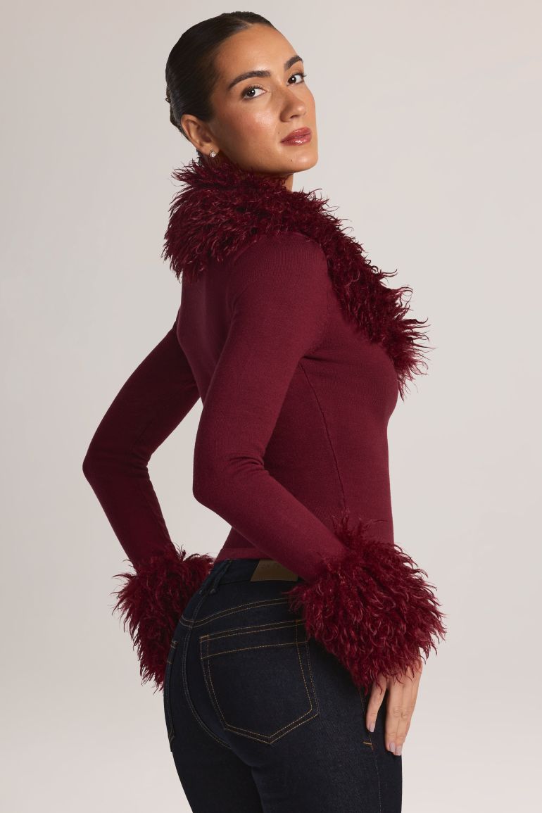 Mongolian Fur-Trim Cardigan in Wine - 2