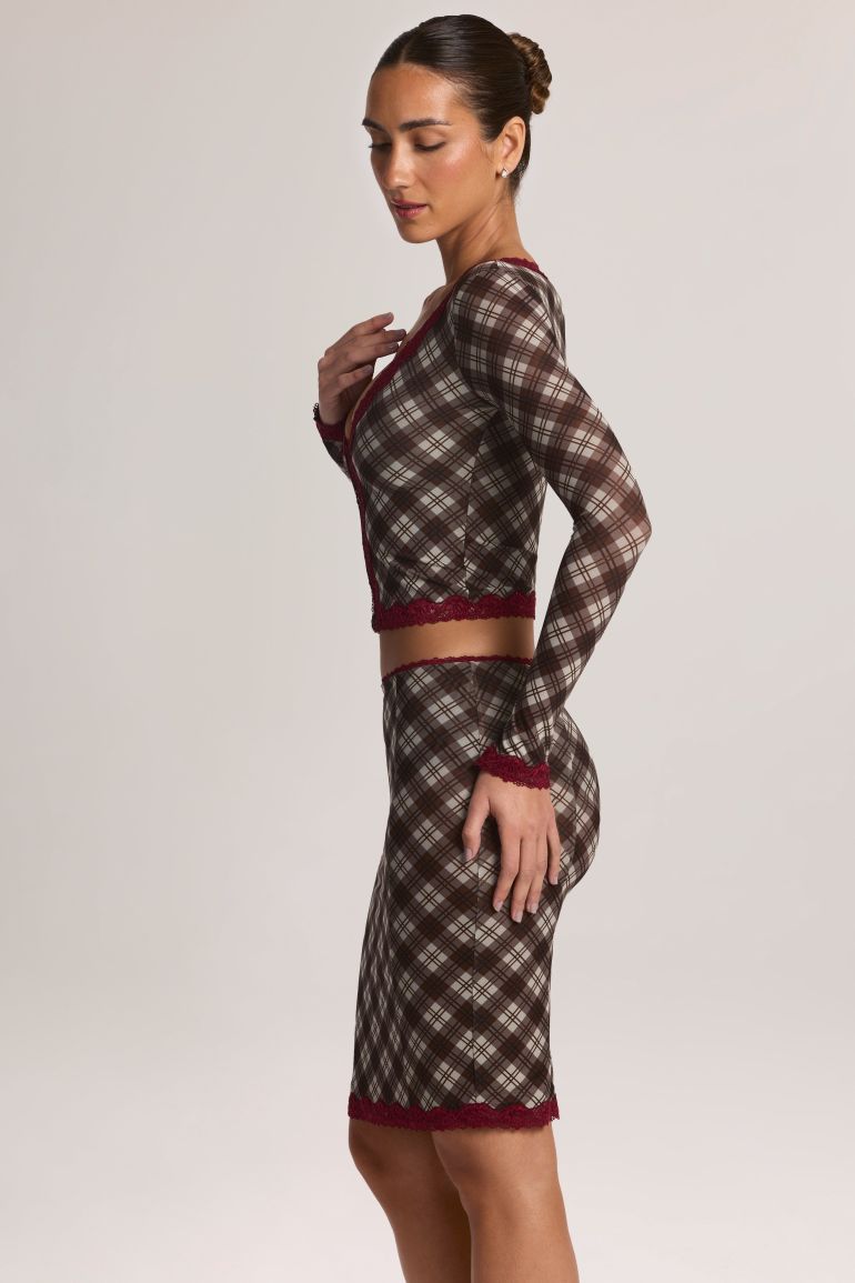 Lace-Trim Low-Rise Midi Skirt in Diagonal Check Print - 6