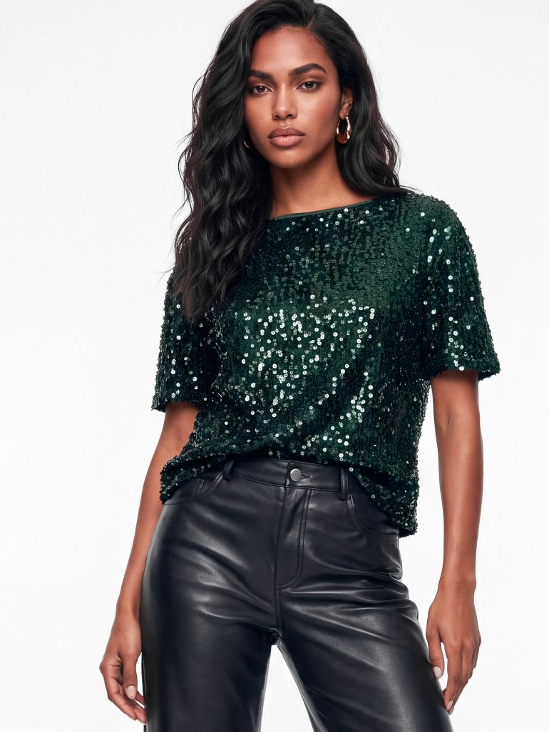Lovedrobe Emerald Embellished Velvet Short Sleeve Boxy Top - 3