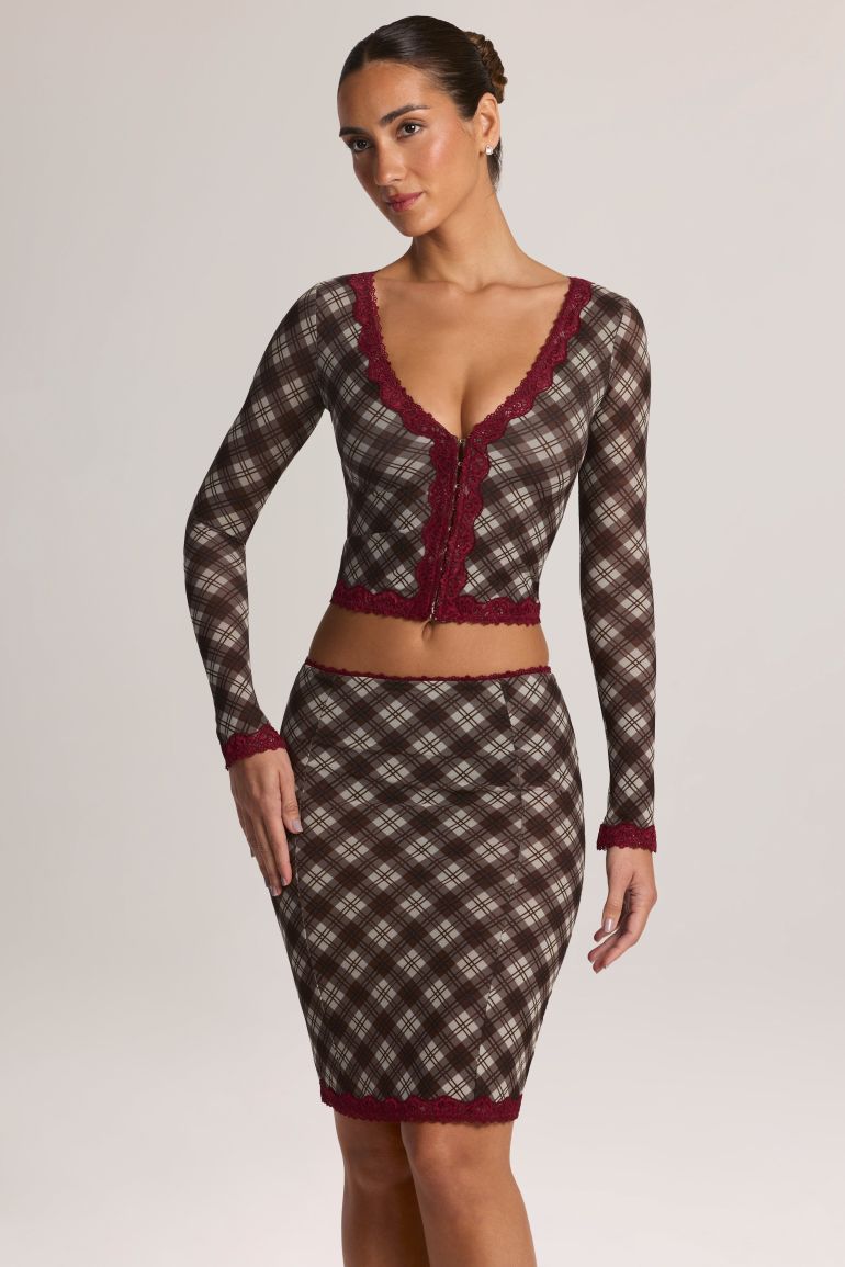 Lace-Trim Low-Rise Midi Skirt in Diagonal Check Print - 7