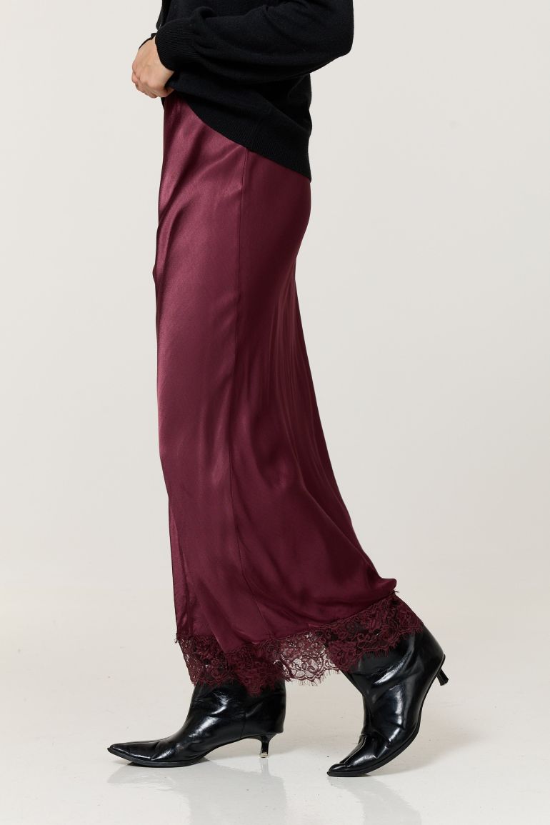 Burgundy Satin Lace Hem Maxi Skirt - 2