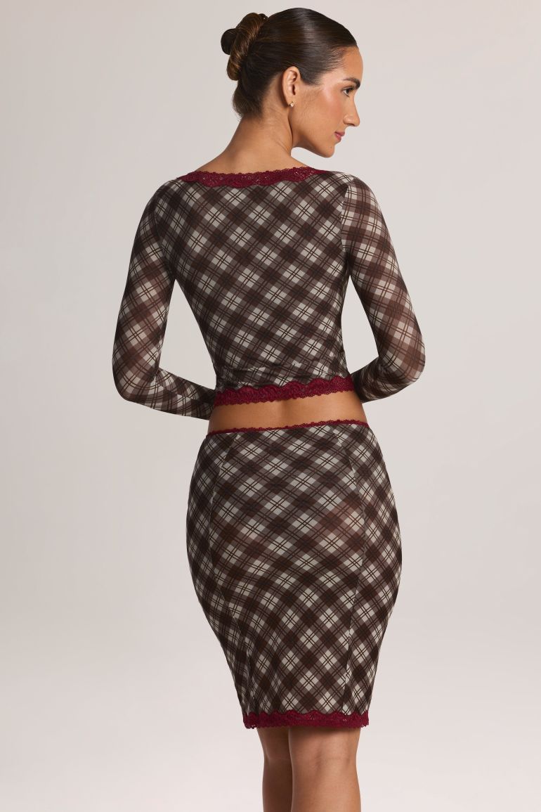 Lace-Trim Low-Rise Midi Skirt in Diagonal Check Print - 5