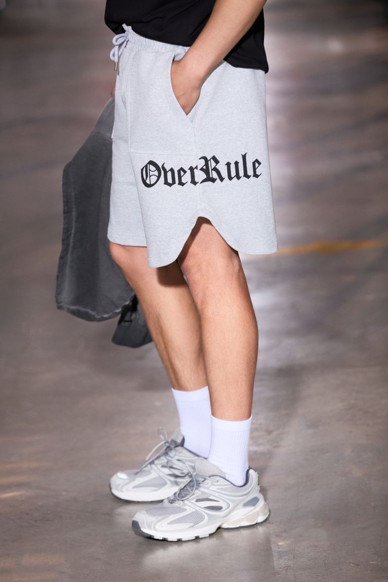GRIMELANGE ASEREJE Men's 100% Organic Cotton Printed Detail Double Pocket Drawstring Short in Heather Gray - 1