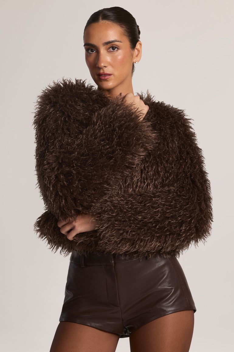 Mongolian Fur Jacket in Chocolate Brown - 6