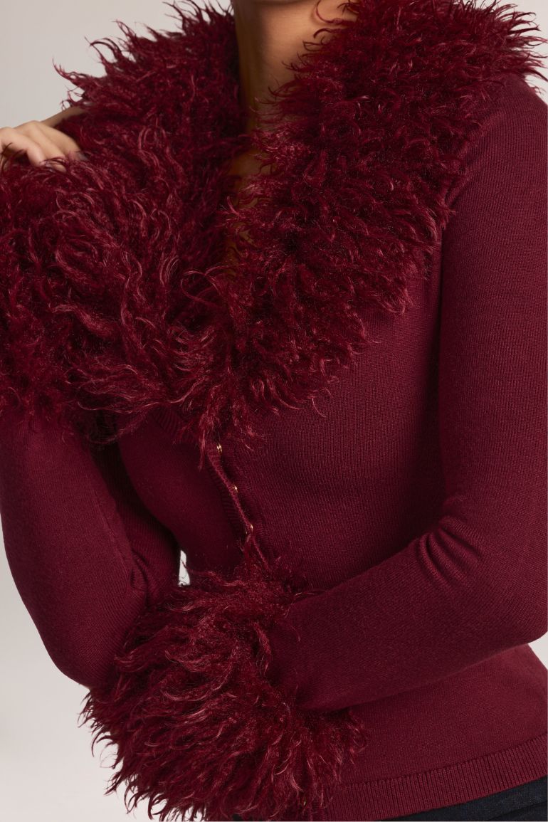 Mongolian Fur-Trim Cardigan in Wine - 4