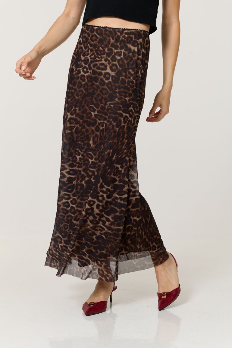 Brown Leopard Print Mesh Maxi Skirt - 1