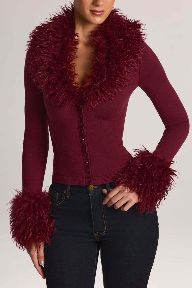Mongolian Fur-Trim Cardigan in Wine - 5
