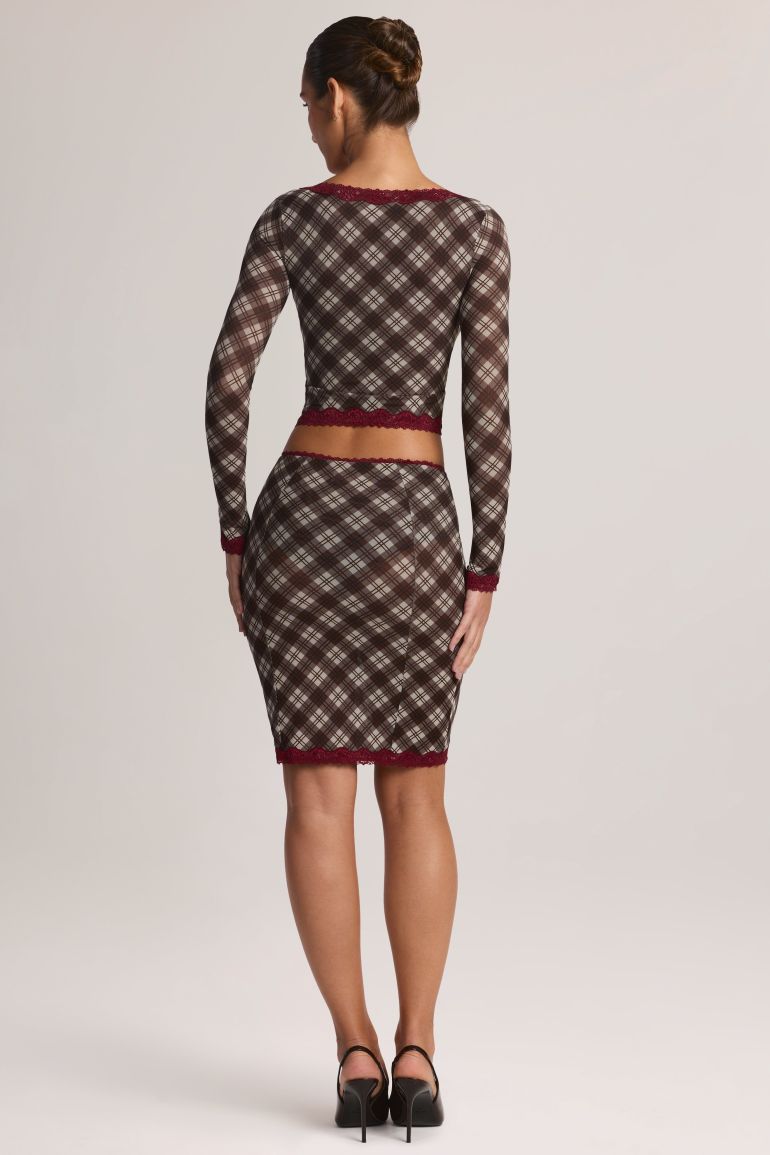 Lace-Trim Low-Rise Midi Skirt in Diagonal Check Print - 2