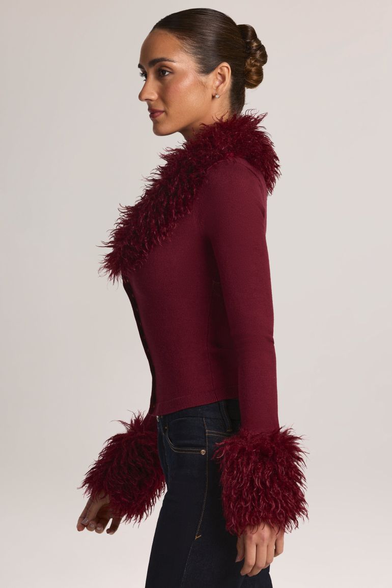 Mongolian Fur-Trim Cardigan in Wine - 3