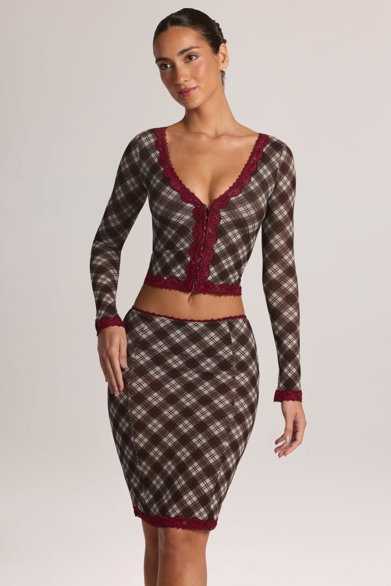 Lace-Trim Low-Rise Midi Skirt in Diagonal Check Print - 9