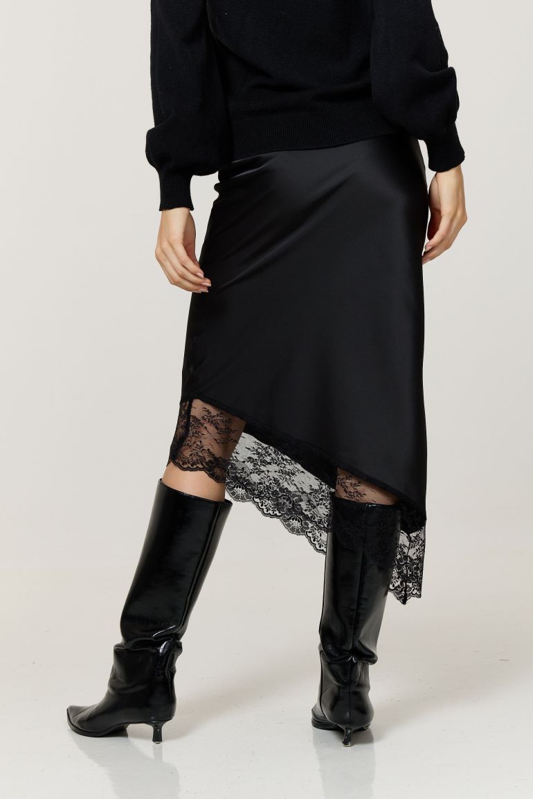 Black Satin Lace Trim Asymmetric Midi Skirt - 2