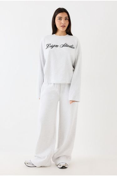 DSGN Studio Script Embroidered Oversized Long Sleeve T-Shirt - ash grey