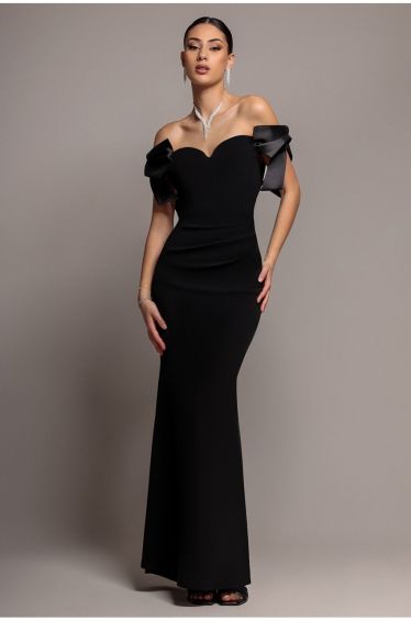 Satin Bow Bardot Sheath Maxi Dress - Black by Goddiva