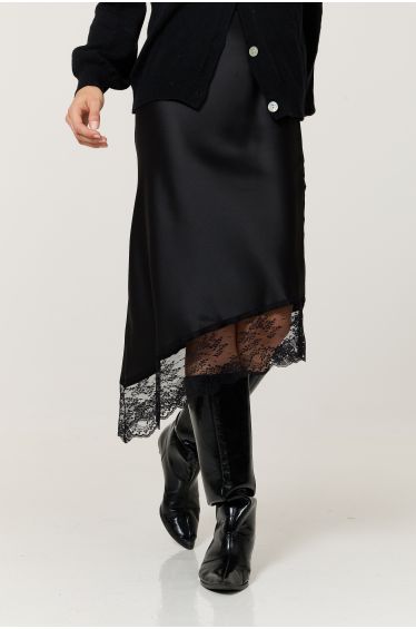 Black Satin Lace Trim Asymmetric Midi Skirt