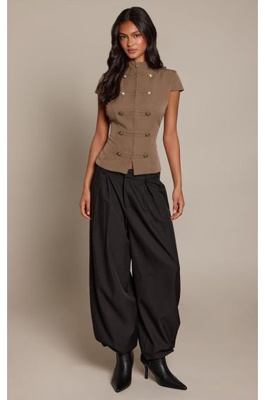 Khaki Military Style Cap Sleeve Top