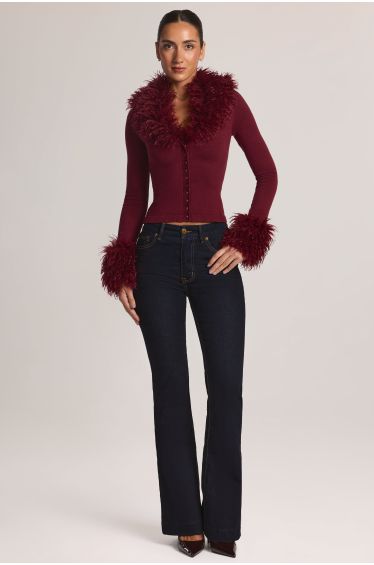 Mongolian Fur-Trim Cardigan in Wine