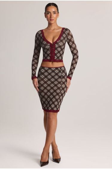 Lace-Trim Low-Rise Midi Skirt in Diagonal Check Print