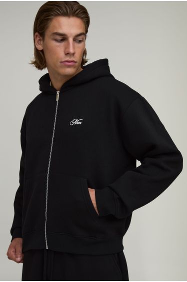 Oversized Boxy Man Script Zip Through Hoodie - black