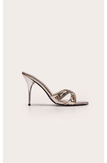 Gold Metallic Crossover High Heeled Mules