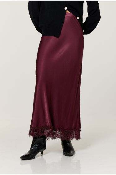 Burgundy Satin Lace Hem Maxi Skirt