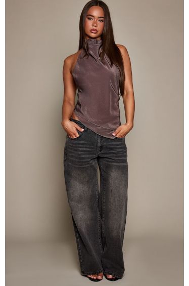 Chocolate Textured Chiffon Tie Back Halterneck Top
