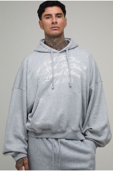 Tall Oversized Boxy Batwing Script Print Hoodie - grey marl
