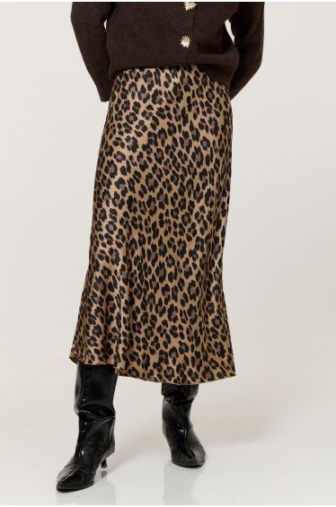Brown Leopard Print Satin Midi Skirt