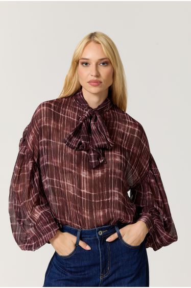 Burgundy Check Tie Neck Blouse