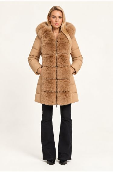 Camel Faux Fur Trim Belted Puffer Coat