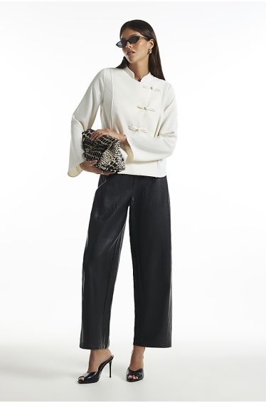 Black Soft Faux Leather Barrel Leg Trousers