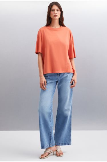 GRIMELANGE Jemmy Women's 100% Organic Cotton Relaxed Fit Side Slit Round Neck Brick Red T-Shirt