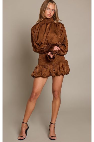 Brown Satin Jacquard High Neck Top Co Ord