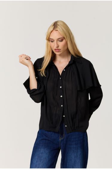 Black Cape Detail Pleated Blouse