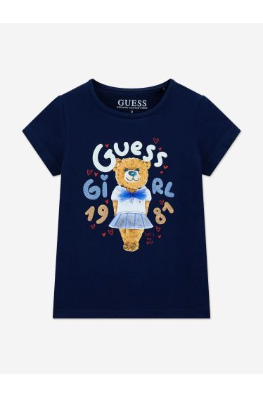 Guess Girls Bear Print T-Shirt in Navy