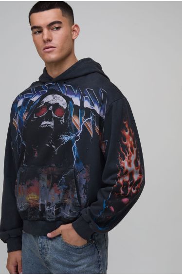 Oversized Boxy Over the Seams Washed Graphic Hoodie - black