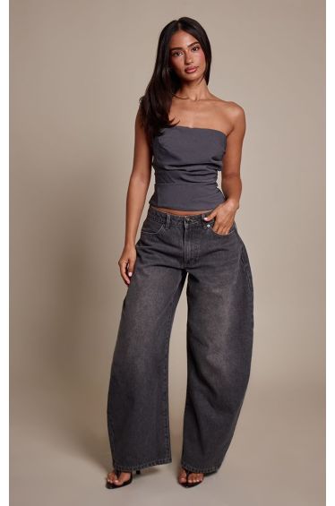 Petite Charcoal Ruched Tailored Woven Bandeau Top