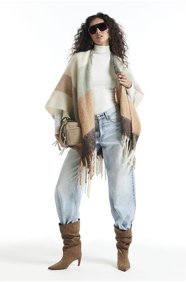 Cream Check Knit Scarf Cape