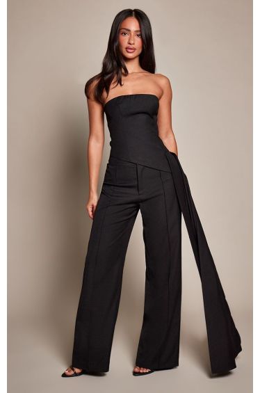 Petite Black Tailored Woven Bandeau Side Drape Detail Fitted Top