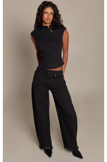 Black Collarless Toggle Detail Denim Top
