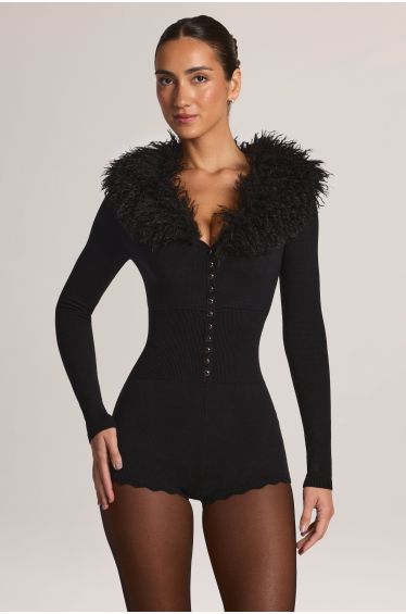 Mongolian Fur-Trim Romper in Black
