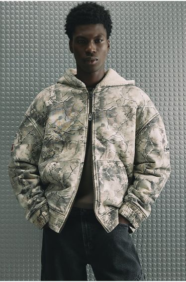 Green Cotton Camo Print Quilted Lined Hoodie